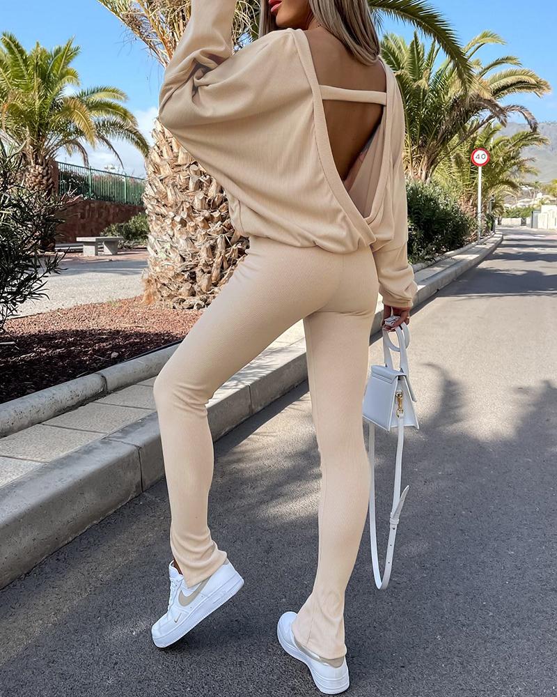

Lantern Sleeve Backless Casual Top & Pants Set, Apricot