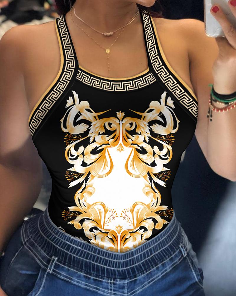 

Baroque Geometric Print Bowknot Decor Tank Top, Black