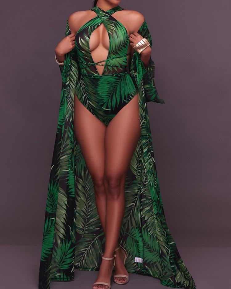 

3PCS Cutout Front Tropical Print One Piece Swimsuit With Cover Up, Dark green