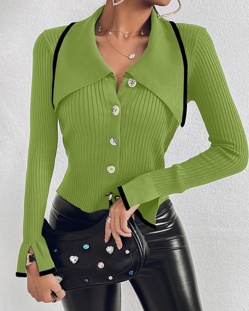 

Contrast Paneled Buttoned Knit Sweater, Green