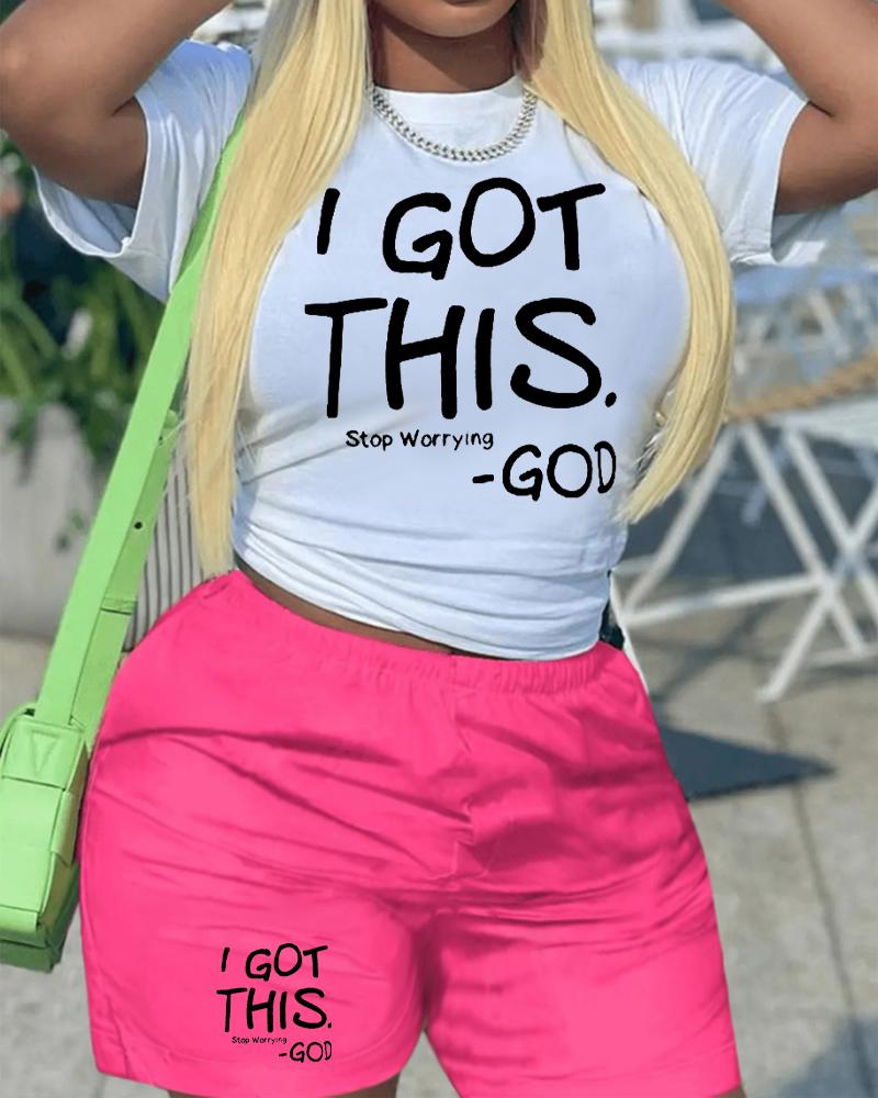 

I Got This Print T-shirt & High Waist Shorts Set, Hot pink