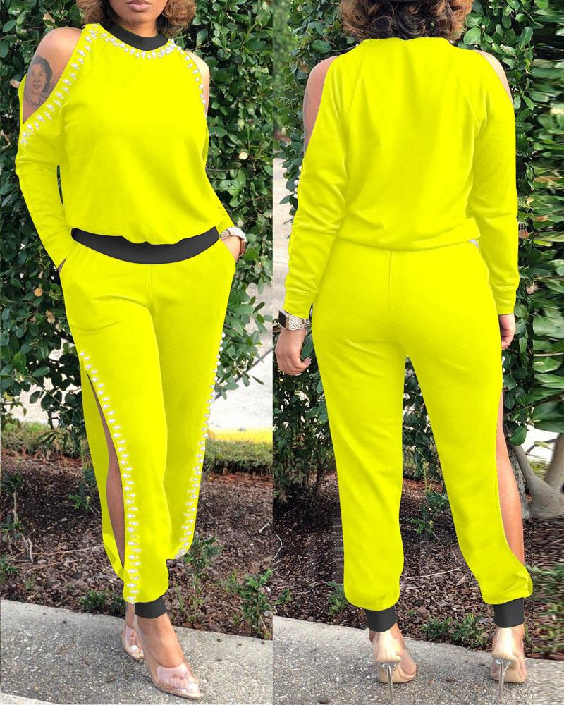 

Pearls Decor Cold Shoulder Top & Split Hem Pants Set, Yellow