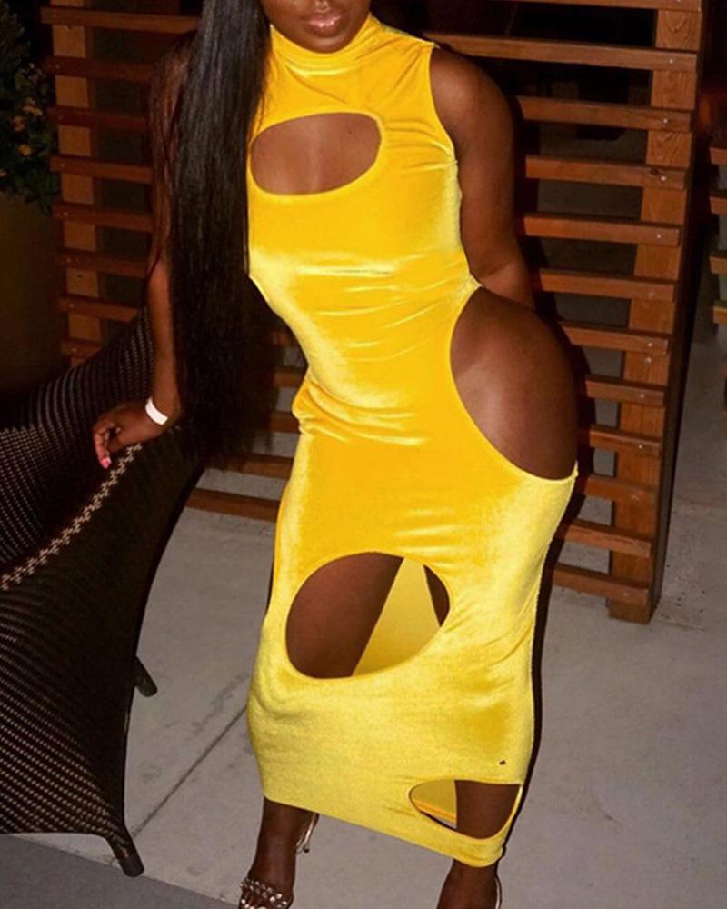 

Solid Cut-out Sleeveless Skinny Long Dress, Yellow