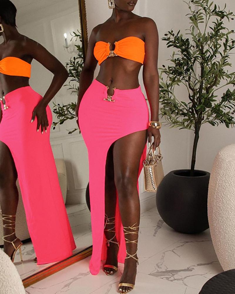 

Ruched O-Ring Bandeau Crop Top & High Slit Skirt Set, Hot pink
