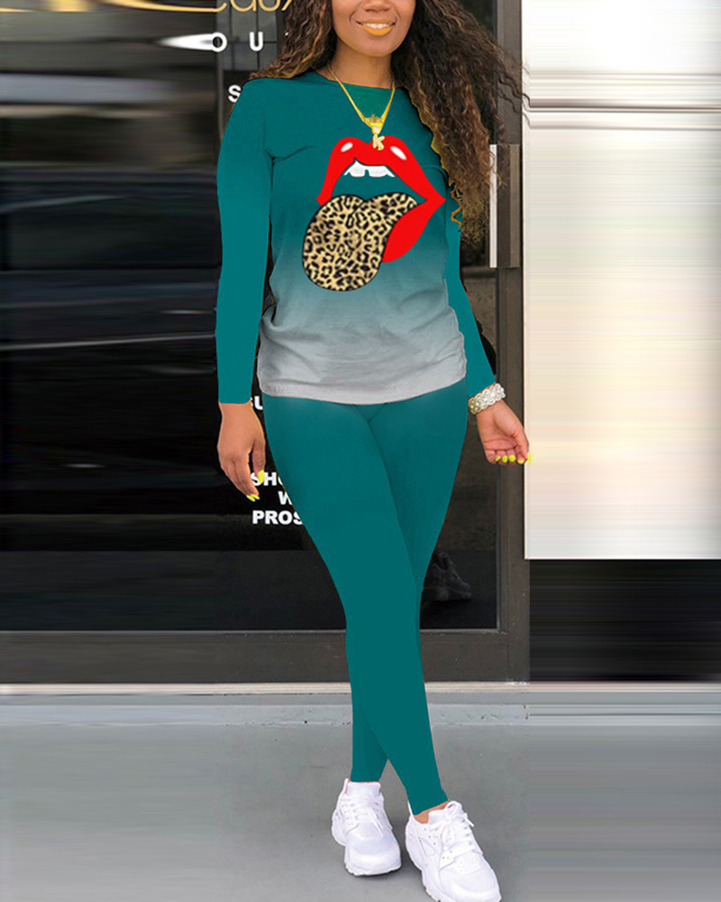 

Ombre Lip Print Long Sleeve Top & Pants Set, Green