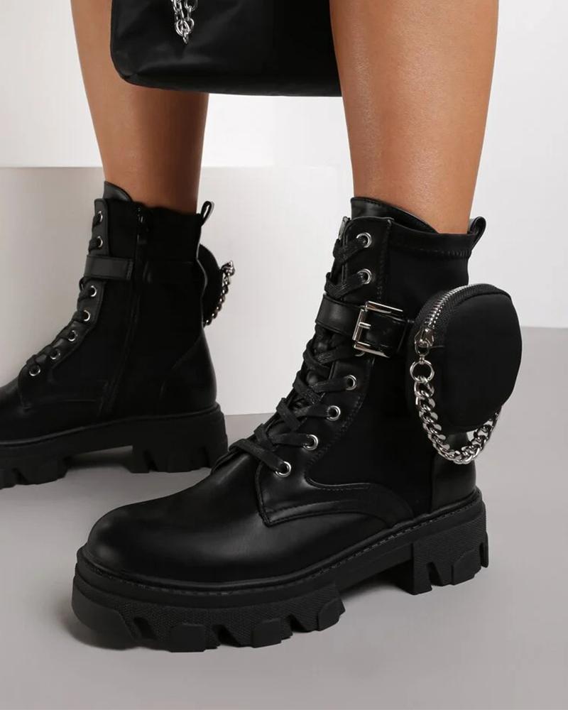

Ladies Wax Finish Leather Round Toe Lace Up Martin Booties With Small Bags, Black
