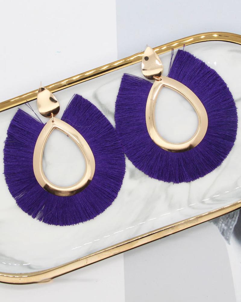 

1Pair Bohemian Tassel Design Hollow Waterdrop Hoop Earrings, Purple