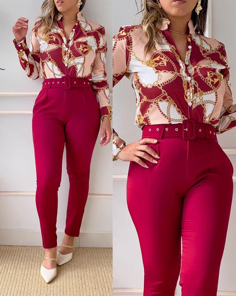 

Scarf Chain Print Button Down Shirt & Belted Pants Set, Wine red