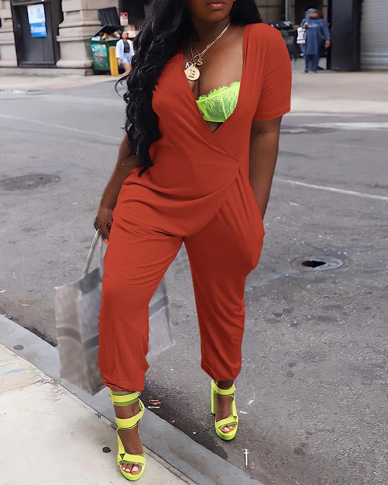 

Plain Pocket Design Deep V-Neck Jumpsuit, Orange