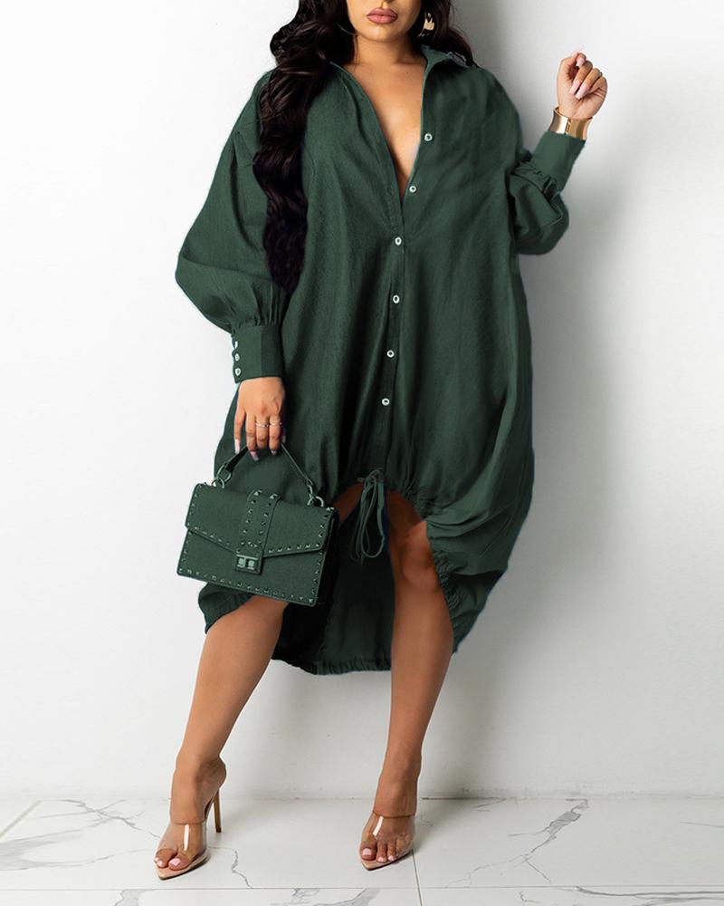 

Plus Size Long Sleeve Dip Hem Buttoned Shirt Dress, Dark green
