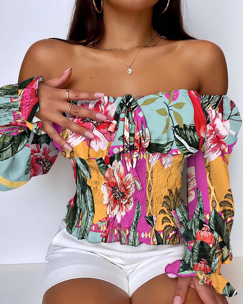 

Off Shoulder Tropical Print Shirred Peplum Top, Multicolor