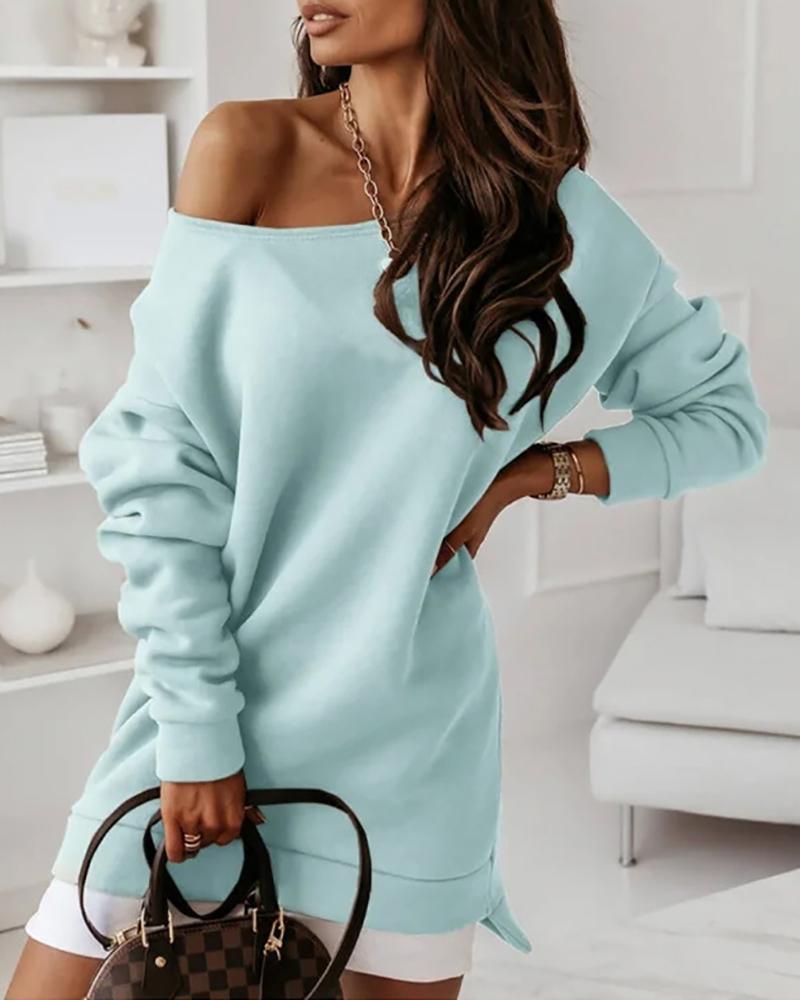 

Contrast Paneled Long Sleeve Casual Sweatshirt Dress, Lighted blue