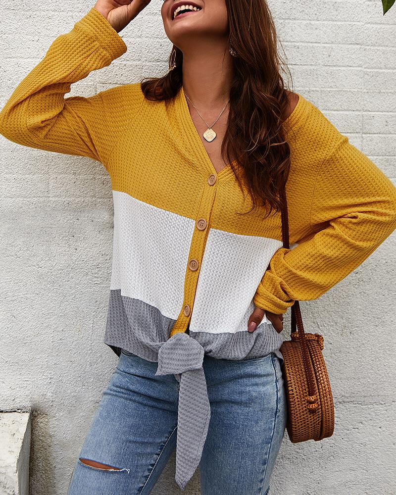 

Colorblock Insert Buttoned Knotted Blouse, Yellow