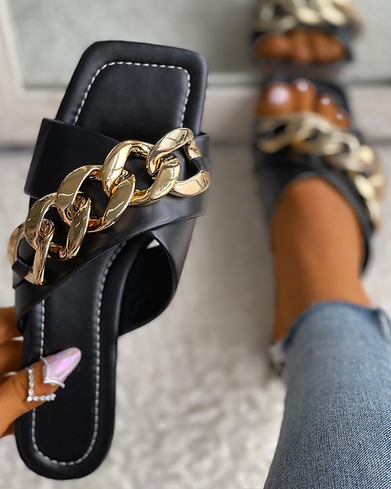 

Bandage Chain Decor Square Toe Slipper, Black