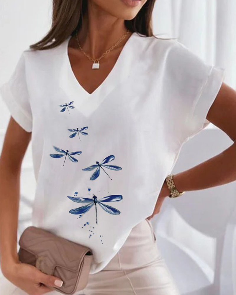 

Dragonfly Print Batwing Sleeve Casual T-shirt, White