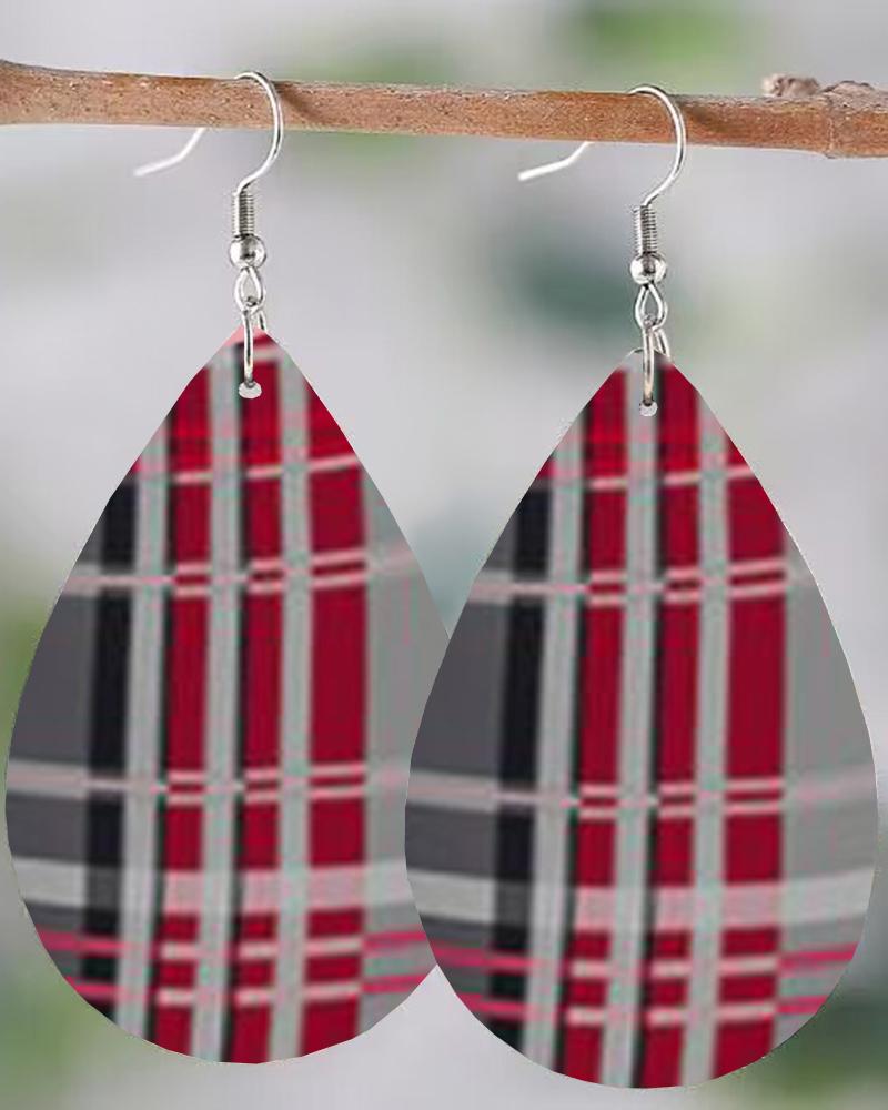 

1Pair Plaid Print Waterdrop Hook Earrings, Wine red