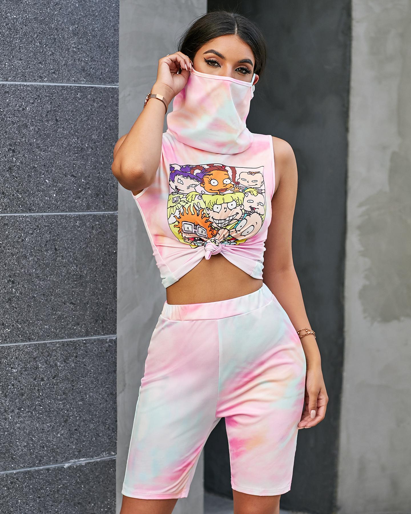 

Cartoon / Tie Dye Chain / Baroque Print Round Neck Top & Shorts Set, Pink