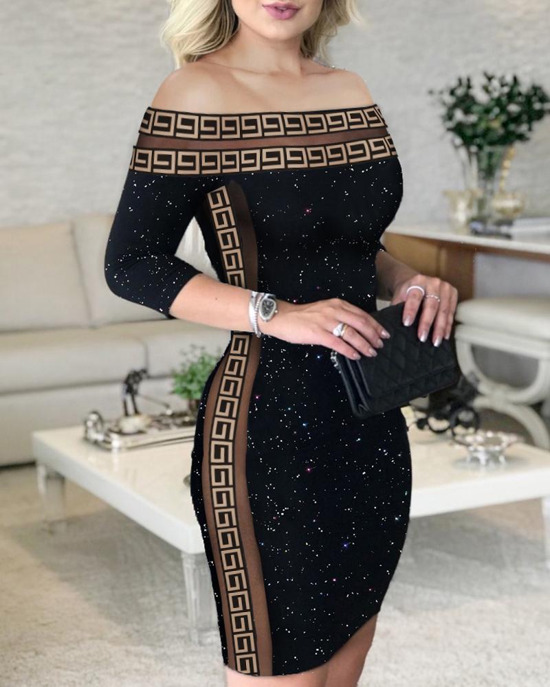 

Geo Trim Contrast Mesh Off Shoulder Glitter Bodycon Dress, Black