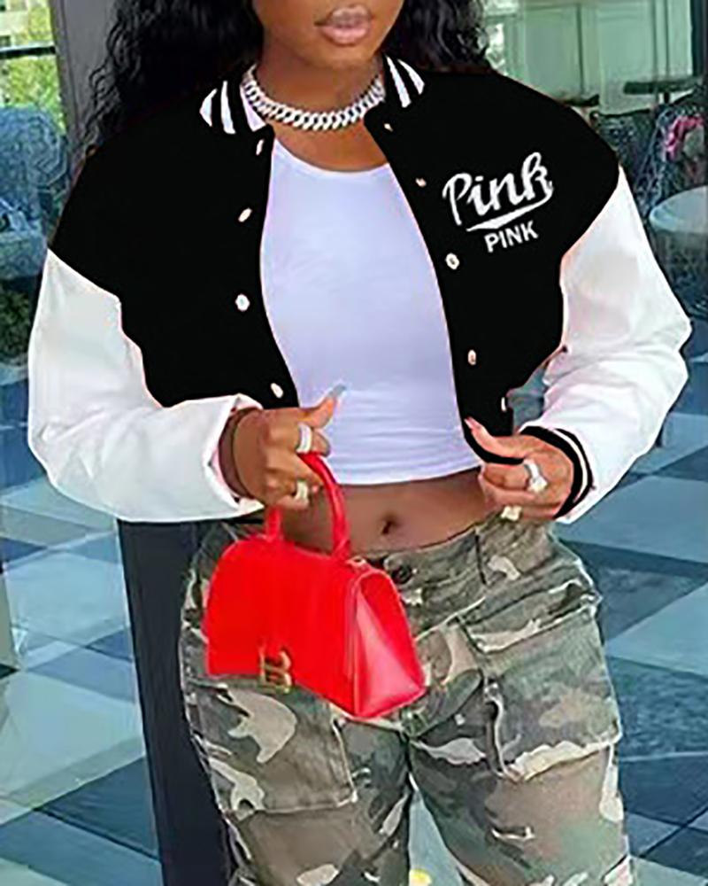 

Letter Print Striped Colorblock Buttoned Baseball Jacket, Black