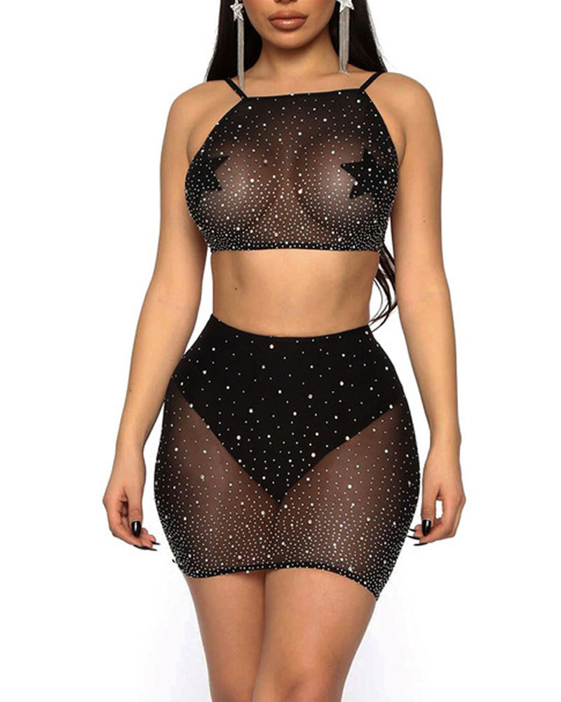 

Rhinestone Decor Sheer Mesh Lingerie Set, Black