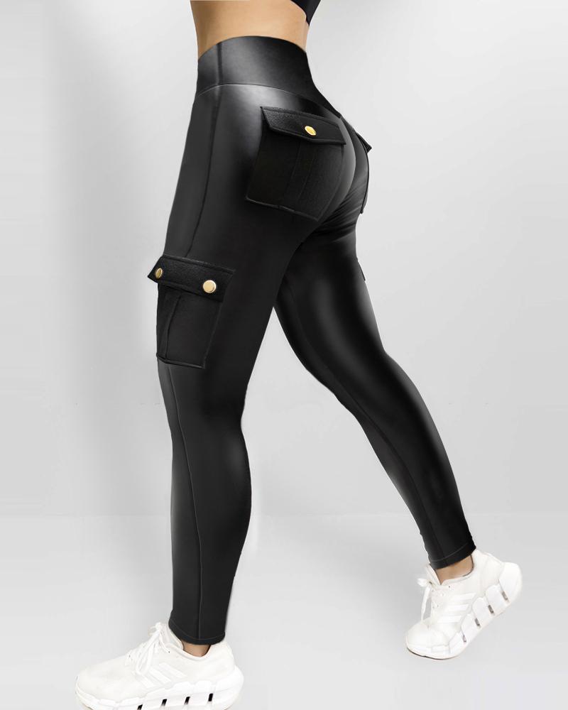 

Leather Pants for Women High Waist Cargo Pockets Stretch Pants Leather Leggings, Black