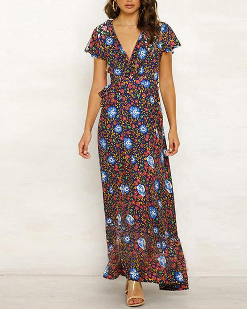 

Floral V Neck Tie Waist Maxi Dress, Dark blue
