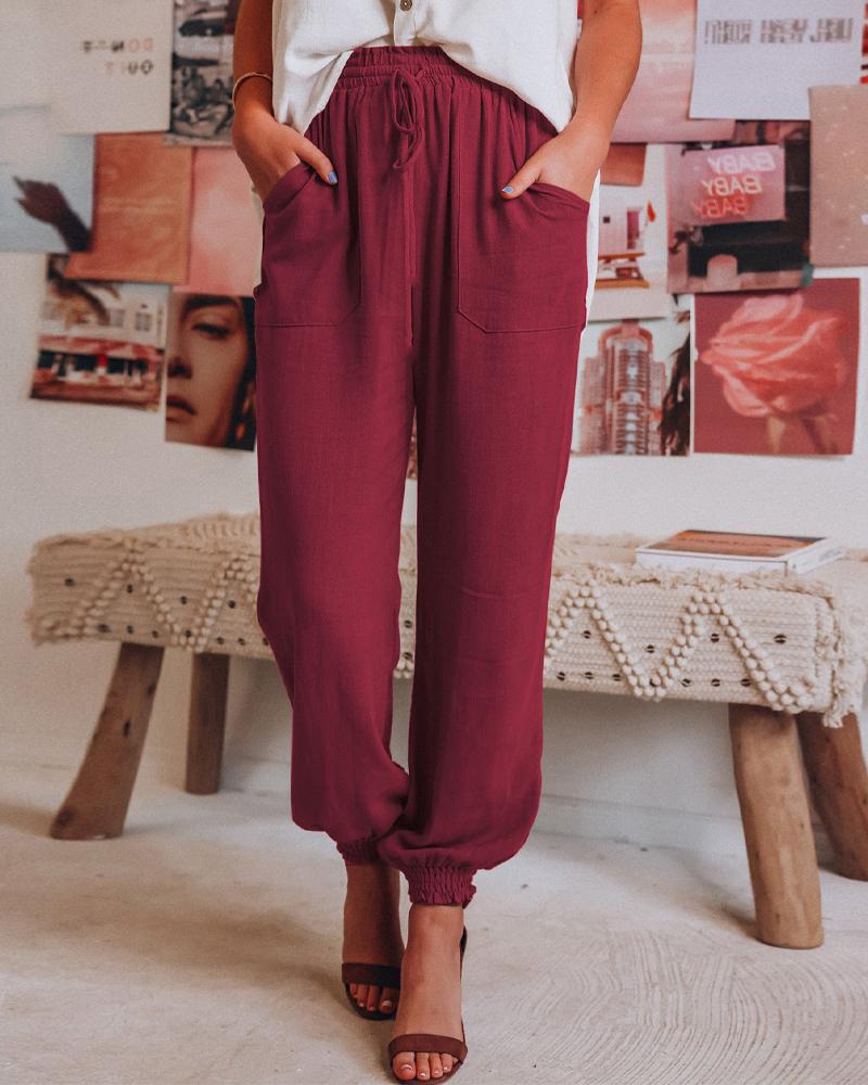 

Pocket Detail Drawstring Casual Cuffed Pants, Wine red