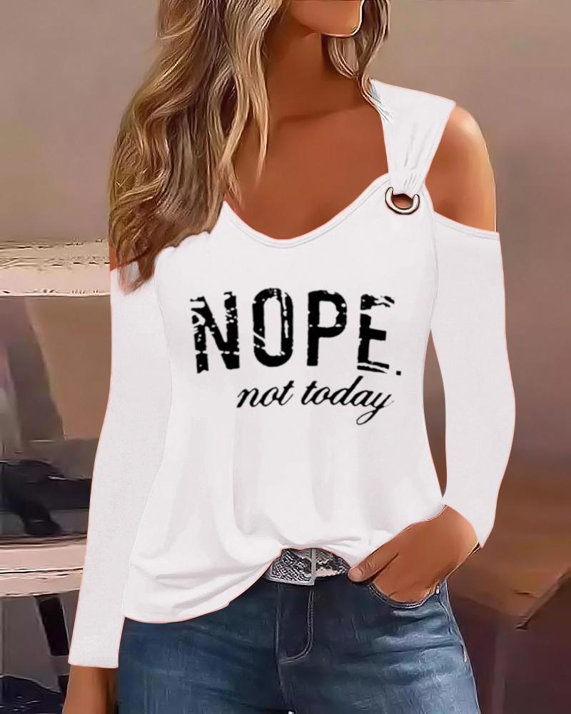 

Nope Not Today Print Cold Shoulder Eyelet Casual Top, White