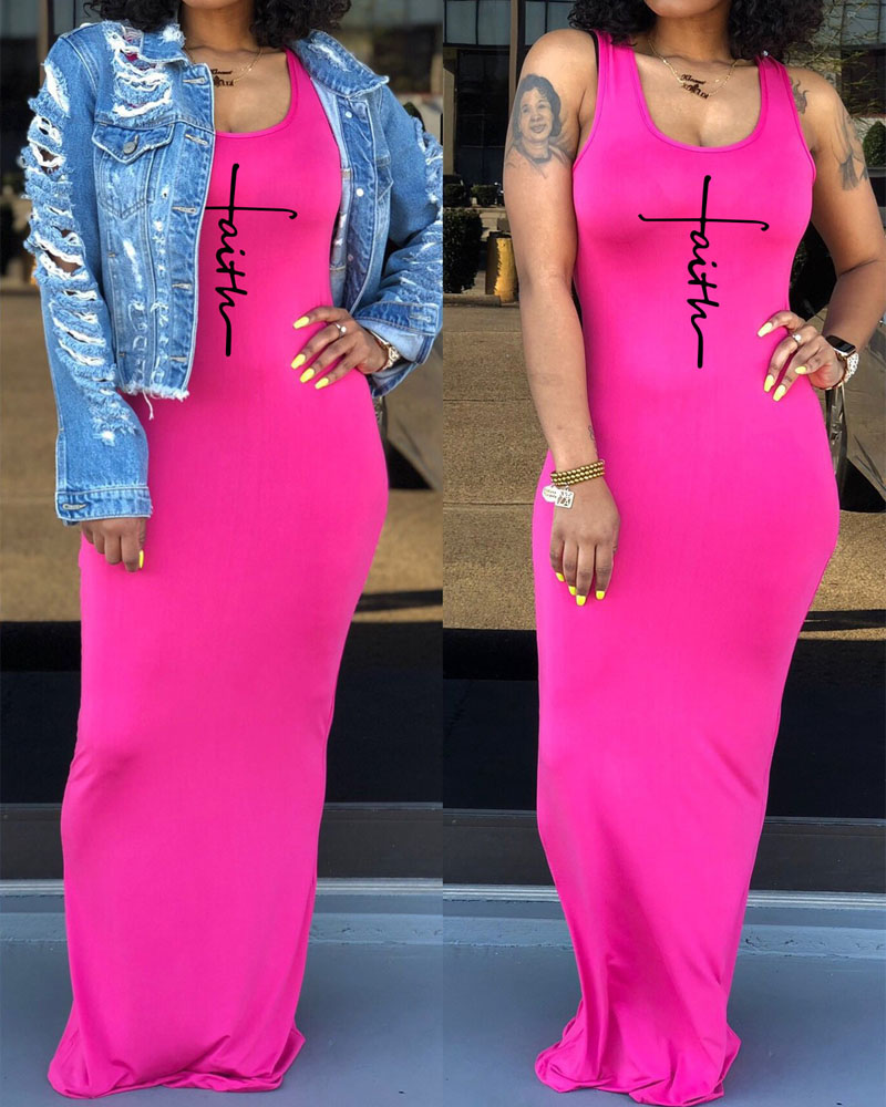 

Letter Print U-Neck Casual Tank Dress, Hot pink