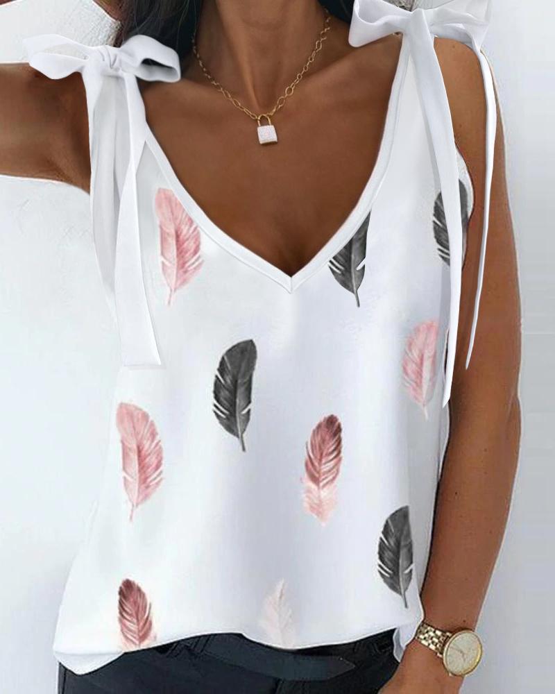 

Feather Print Tied Detail Tank Top, White