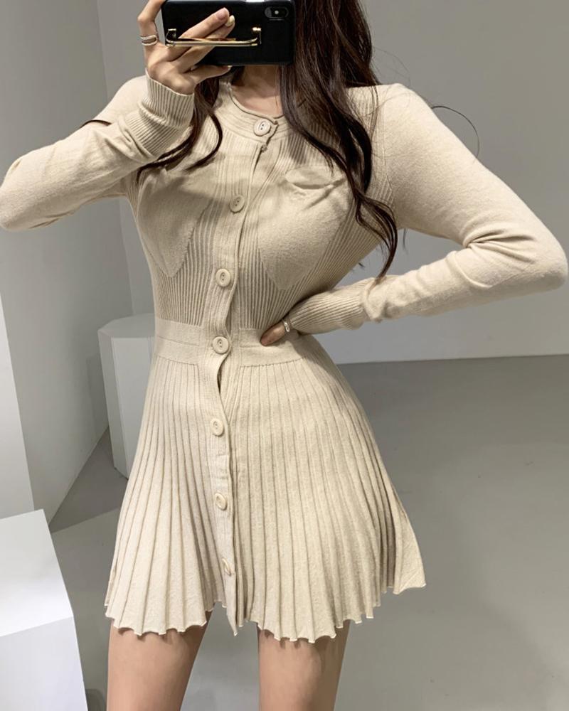 

Knit Long Sleeve Casual Buttoned Dress, Apricot