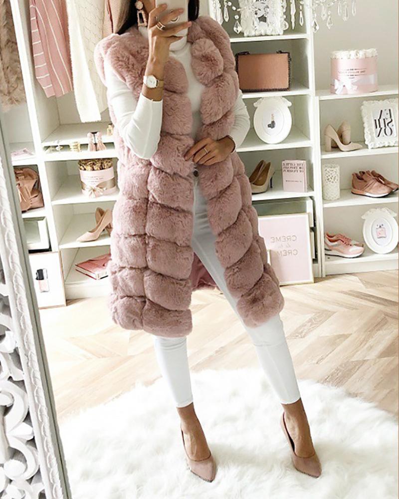 

Sleeveless Open Front Faux Fur Vest Coat, Khaki