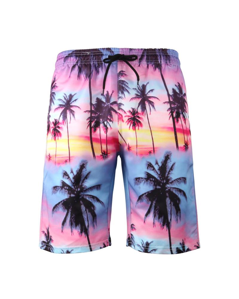 

Color Block Coconut Tree Print Drawstring Short Pants, Multicolor