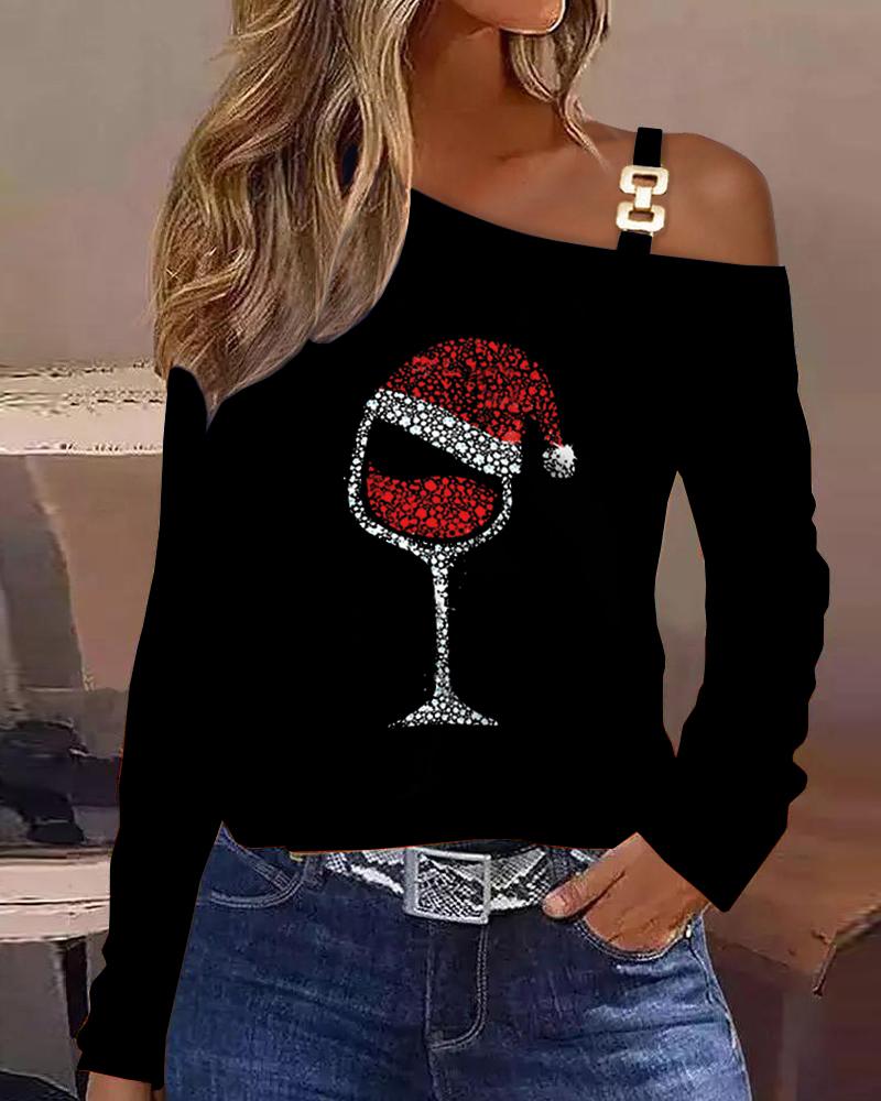 

Christmas Wine Glass Print Cold Shoulder Top, Black