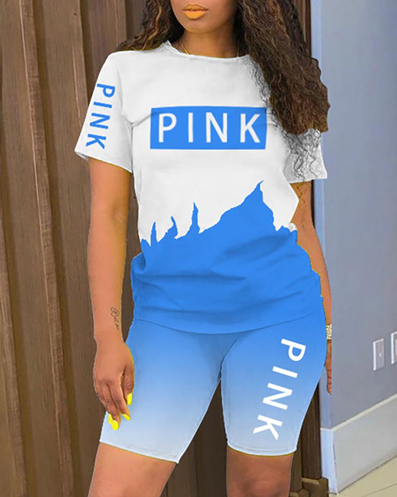 

Letter Print Colorblock Short Sleeve Active Sets, Blue