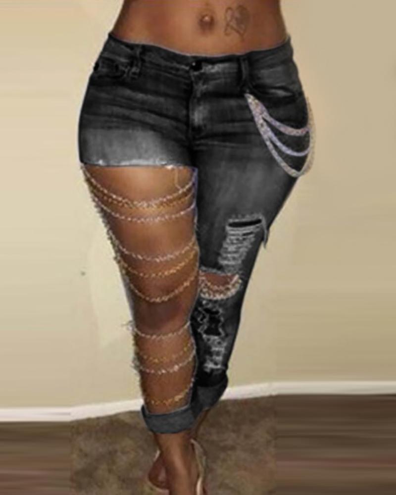 

Chain Decor Cutout Ripped Denim Pants, Black