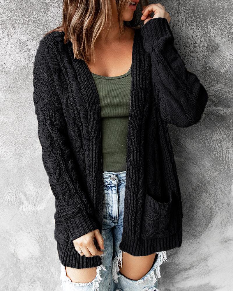 

Pocket Design Long Sleeve Braided Knit Cardigan, Black