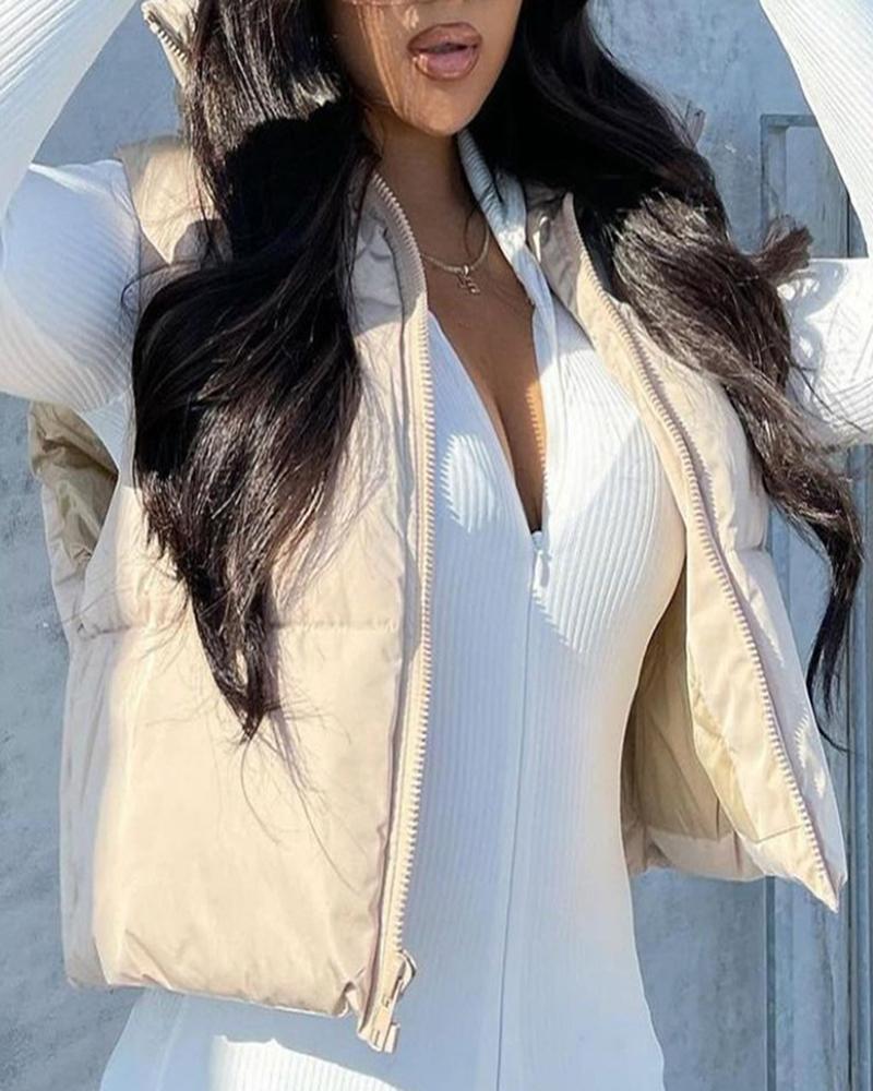 

Zipper Design Gilet Puffer Jacket, Apricot