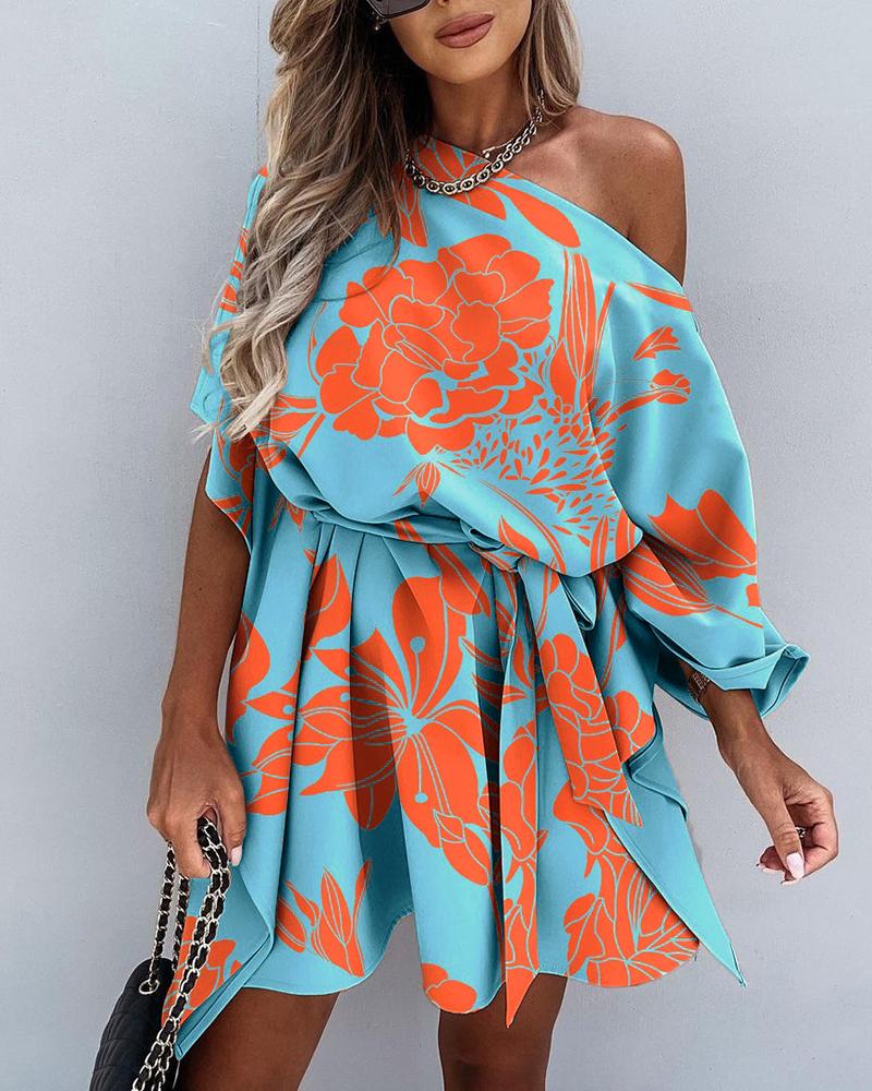 

Floral Print Slash Neck Ruched Dress With Belt, Blue