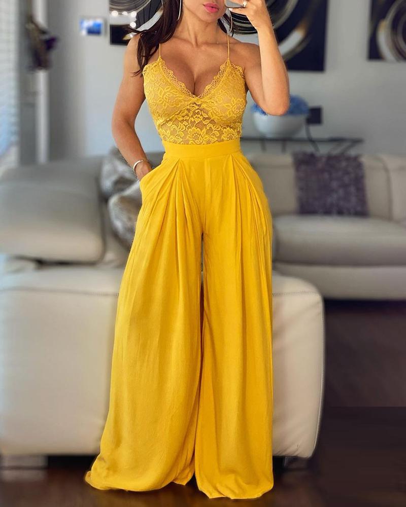 

Spaghetti Strap Crochet Lace Wide Leg Jumpsuit, Yellow