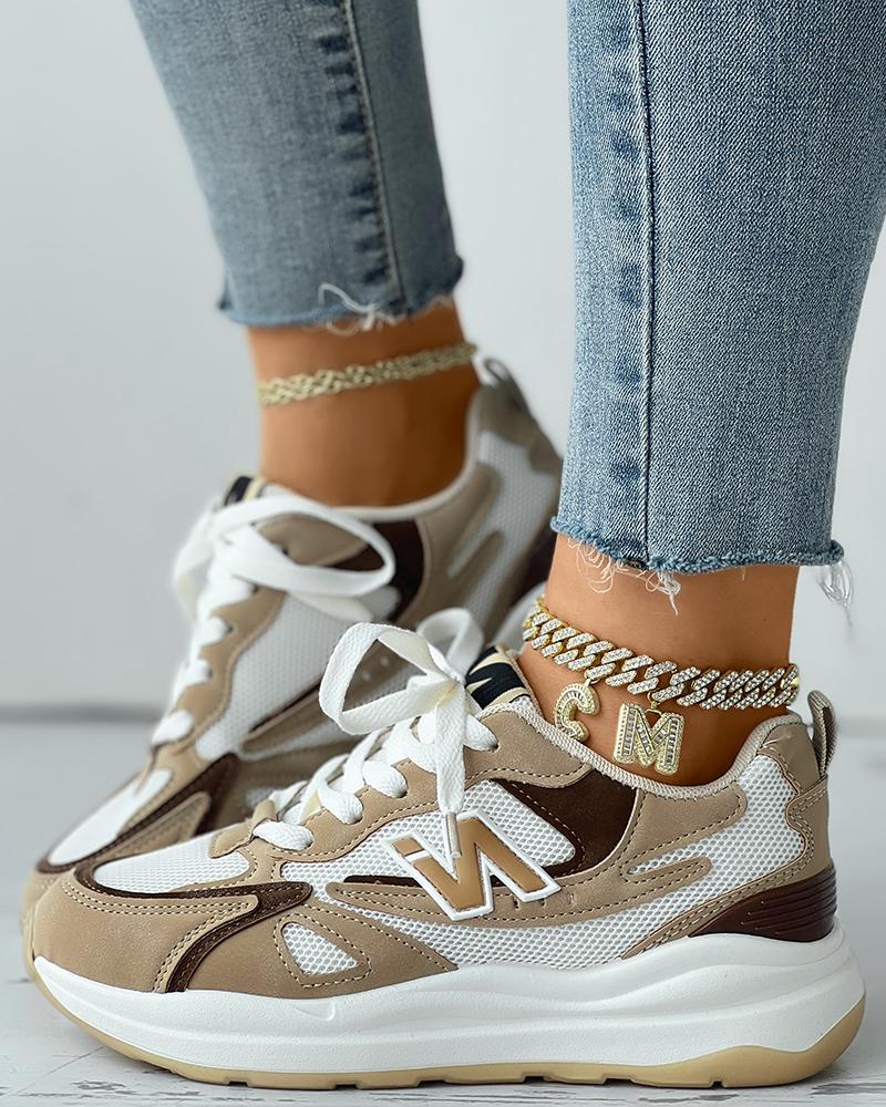 

Contrast Paneled Lace-up Muffin Sneakers, Khaki