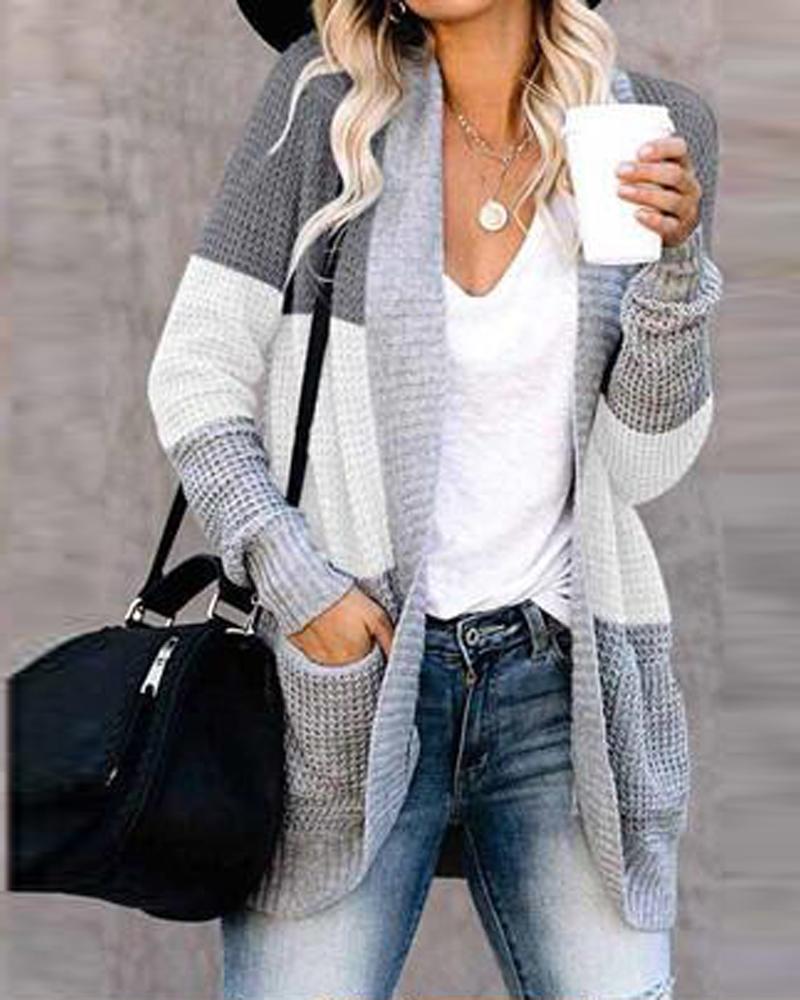 

Color Block Open Front Pocket Detail Long Sleeve Cardigan, Gray