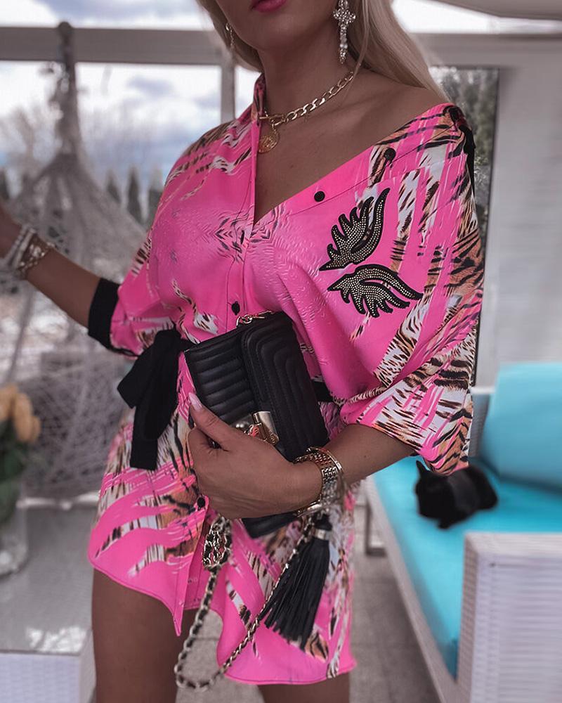 

Tiger Print Wings Pattern Shirt Dress, Hot pink