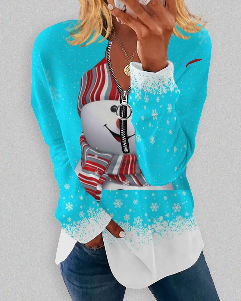 

Christmas Zipper Design Snowman Print Top, Lighted blue