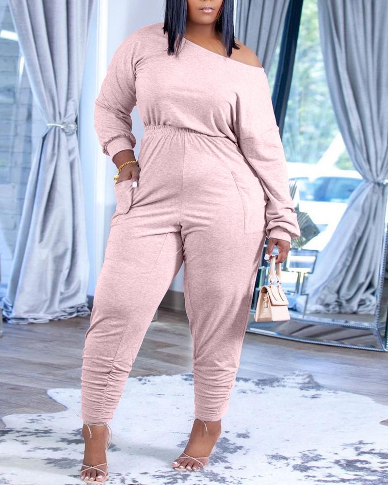 

Pocket Design Long Sleeve Ruched Jumpsuit, Pink