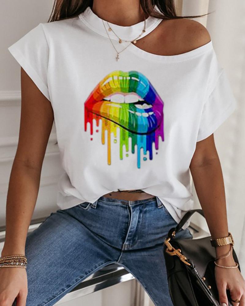 

Lip Print Cold Shoulder Casual T-shirt, White