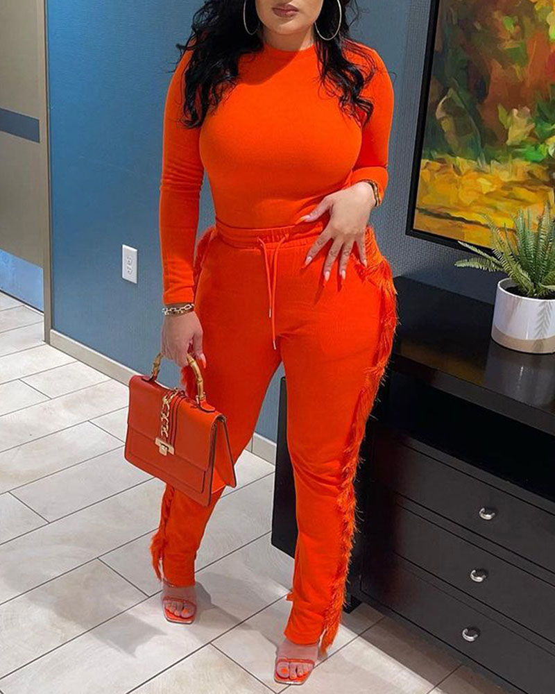 

Long Sleeve Top & Drawstring Tassel Design Pants Set, Orange