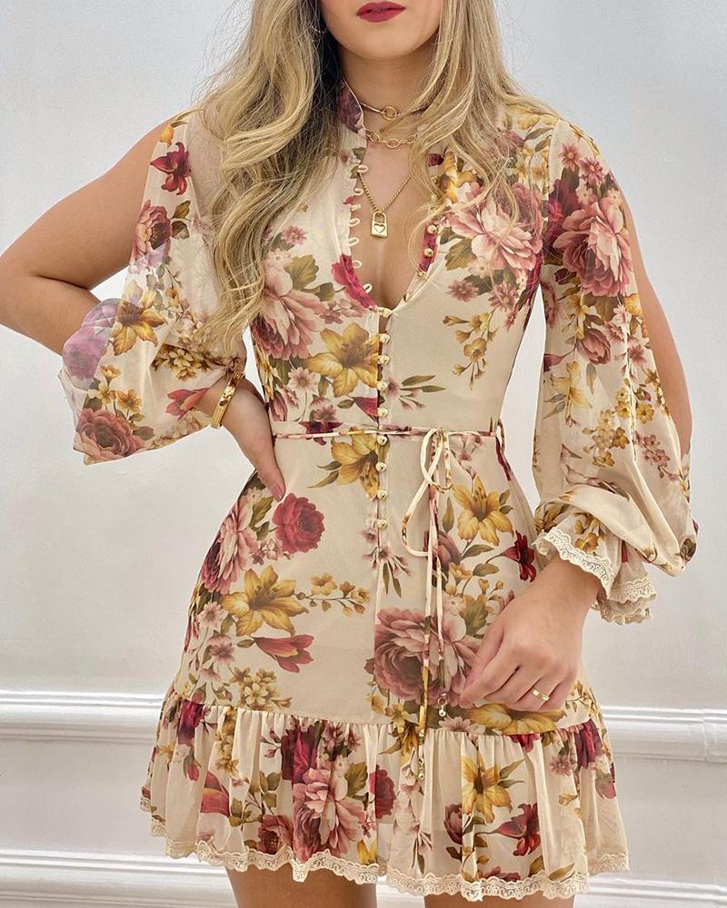 

Floral Print Cutout Lantern Sleeve Lace Trim Dress, Beige