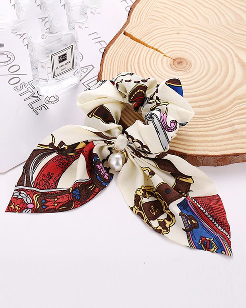 

Retro Floral Print Beaded Fabric Scrunchy, White