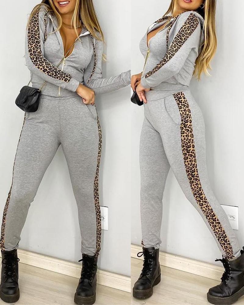 

Leopard Print Colorblock Hooded Top & Pocket Design Pants Set, Gray